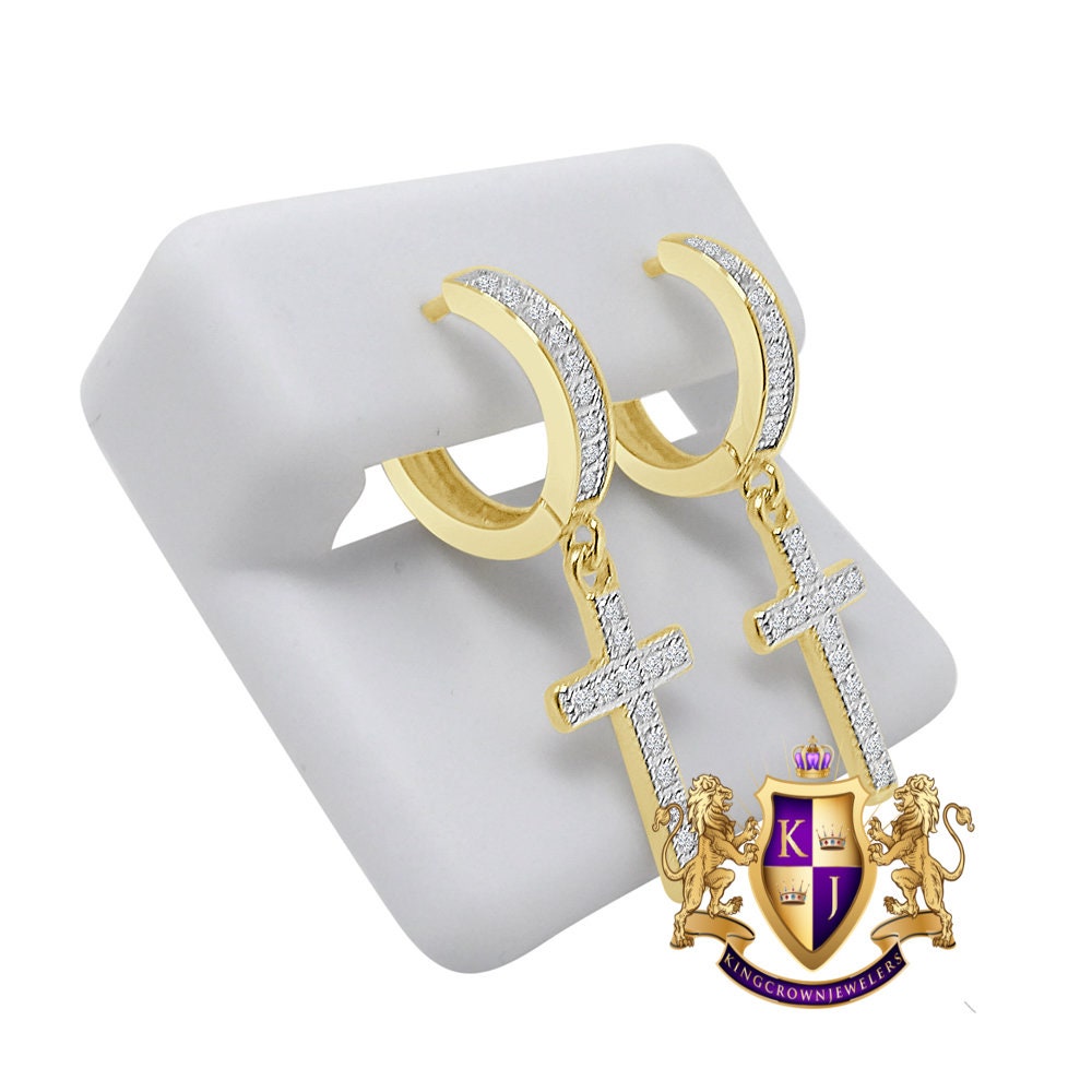 Genuine Real Sterling Silver 14K Gold Over Simulated Diamond Jesus Cross Hoop Stud Earrings Unisex