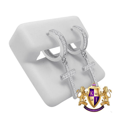 Genuine Real Sterling Silver 14K Gold Over Simulated Diamond Jesus Cross Hoop Stud Earrings Unisex