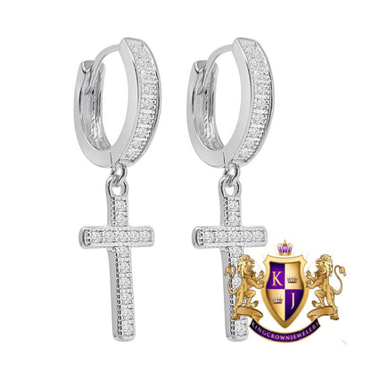 Genuine Real Sterling Silver 14K Gold Over Simulated Diamond Jesus Cross Hoop Stud Earrings Unisex