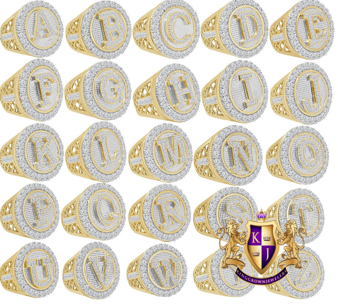 Men's Real Genuine Yellow Gold Sterling Silver 2.00 Cwt. Simulated Diamond Initial Letter Alphabet Ring Band (Adjustable 9 Up To 10 )