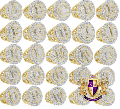 Men's Real Genuine Yellow Gold Sterling Silver 2.00 Cwt. Simulated Diamond Initial Letter Alphabet Ring Band (Adjustable 9 Up To 10 )