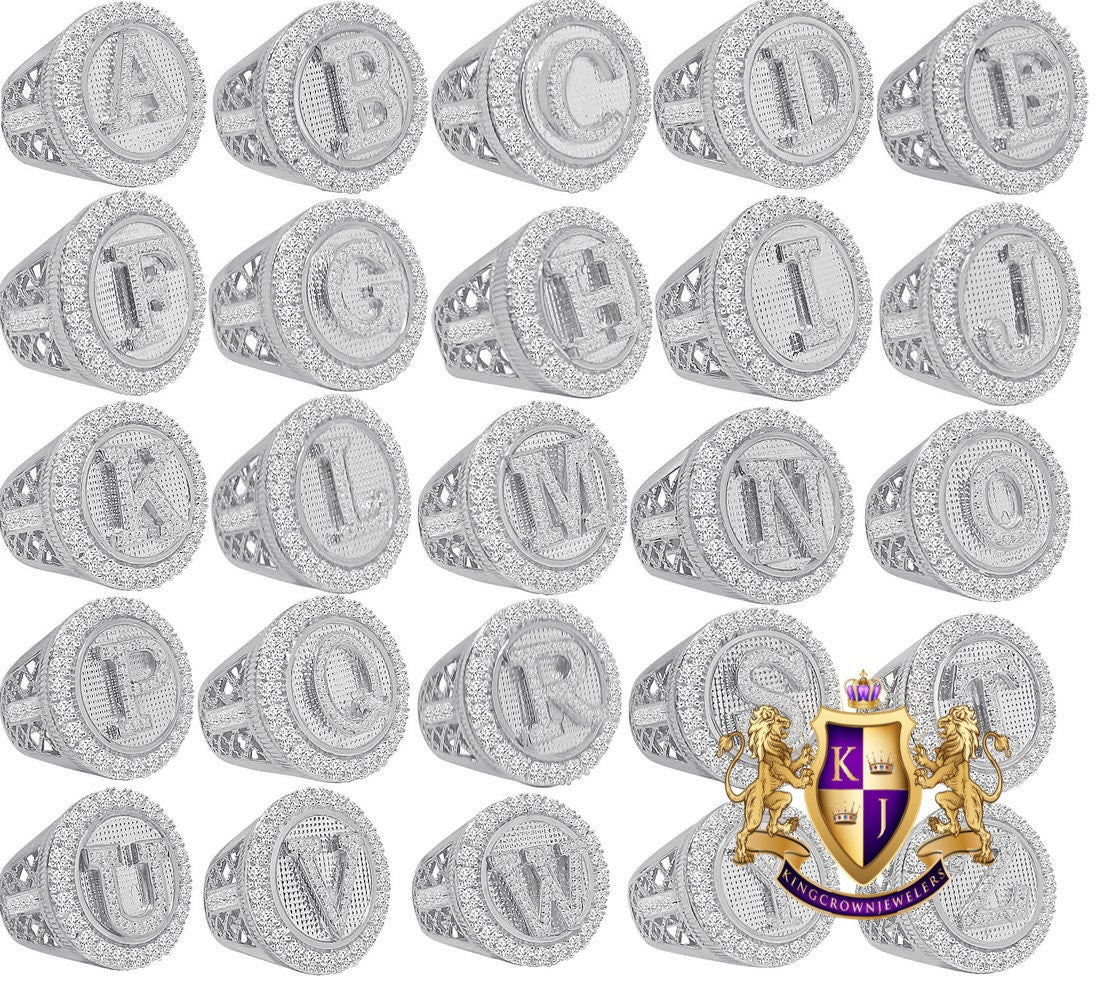 Men's Big Bold 14K White Gold Over Real Genuine Sterling Silver Simulated Diamond Initial Letter Alphabet Ring Band (Adjustable 9 Up To 10 )
