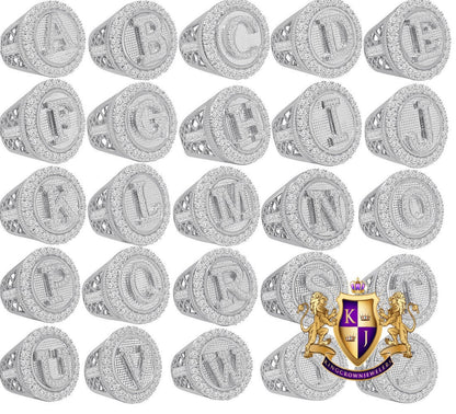 Men's Big Bold 14K White Gold Over Real Genuine Sterling Silver Simulated Diamond Initial Letter Alphabet Ring Band (Adjustable 9 Up To 10 )