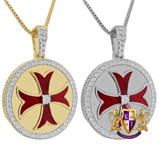 Real Genuine Diamond 10K Gold Over Knight Templar Masonic Cross Enamel Pendent Charm Chain Set
