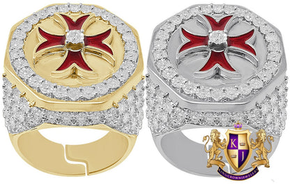 Men's Real Genuine Diamond 0.30 Cwt. 10K Gold Over Knight Templar Cross Enamel Masonic Ring Band (Adjustable Size 10 Up To 12)