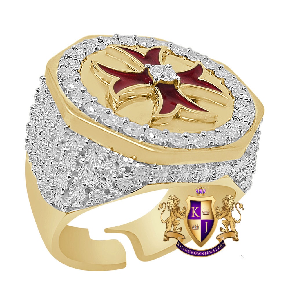 Men's Real Genuine Diamond 0.30 Cwt. 10K Gold Over Knight Templar Cross Enamel Masonic Ring Band (Adjustable Size 10 Up To 12)