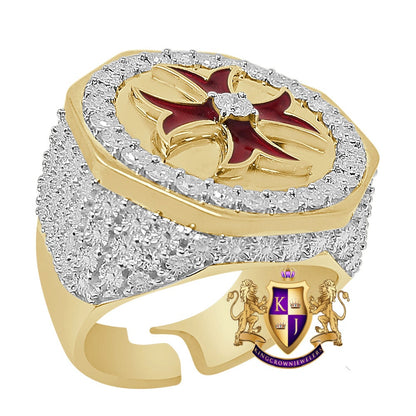 Men's Real Genuine Diamond 0.30 Cwt. 10K Gold Over Knight Templar Cross Enamel Masonic Ring Band (Adjustable Size 10 Up To 12)