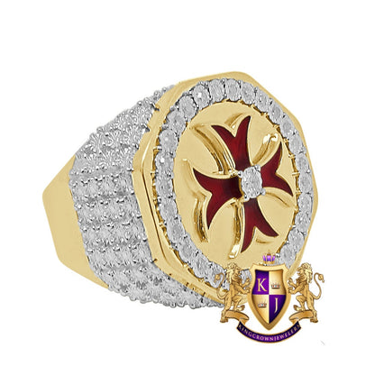 Men's Real Genuine Diamond 0.30 Cwt. 10K Gold Over Knight Templar Cross Enamel Masonic Ring Band (Adjustable Size 10 Up To 12)