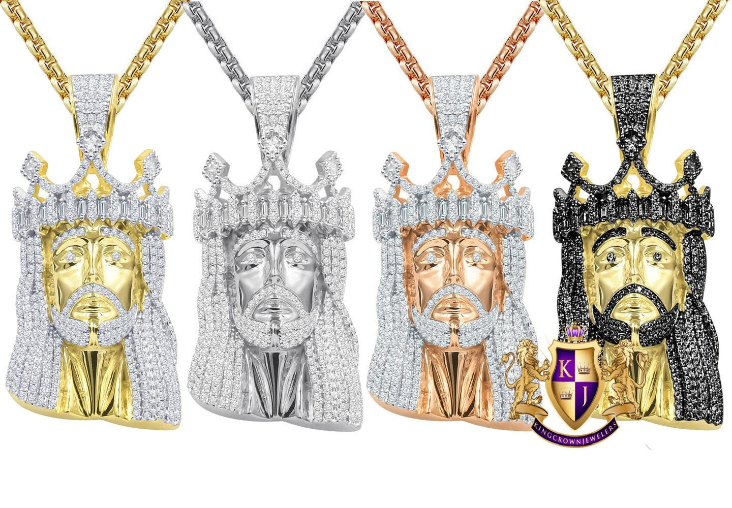 Men's 28 + Grams Real Genuine Sterling Silver 14K Gold Over Simulated Diamond Jesus Face Piece Crown Charm Pendent 2.25''