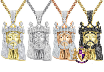 Men's 28 + Grams Real Genuine Sterling Silver 14K Gold Over Simulated Diamond Jesus Face Piece Crown Charm Pendent 2.25''