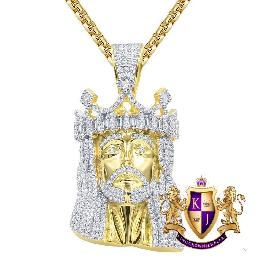 Men's 28 + Grams Real Genuine Sterling Silver 14K Gold Over Simulated Diamond Jesus Face Piece Crown Charm Pendent 2.25''