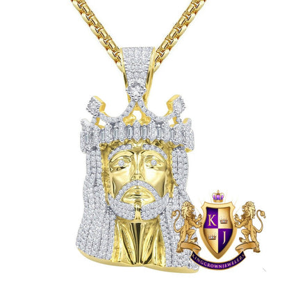 Men's 28 + Grams Real Genuine Sterling Silver 14K Gold Over Simulated Diamond Jesus Face Piece Crown Charm Pendent 2.25''