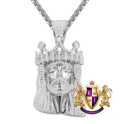 Men's 28 + Grams Real Genuine Sterling Silver 14K Gold Over Simulated Diamond Jesus Face Piece Crown Charm Pendent 2.25''