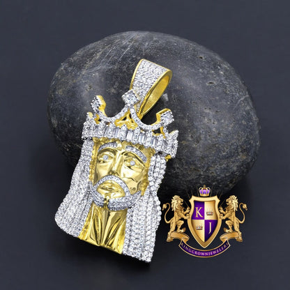 Men's 28 + Grams Real Genuine Sterling Silver 14K Gold Over Simulated Diamond Jesus Face Piece Crown Charm Pendent 2.25''