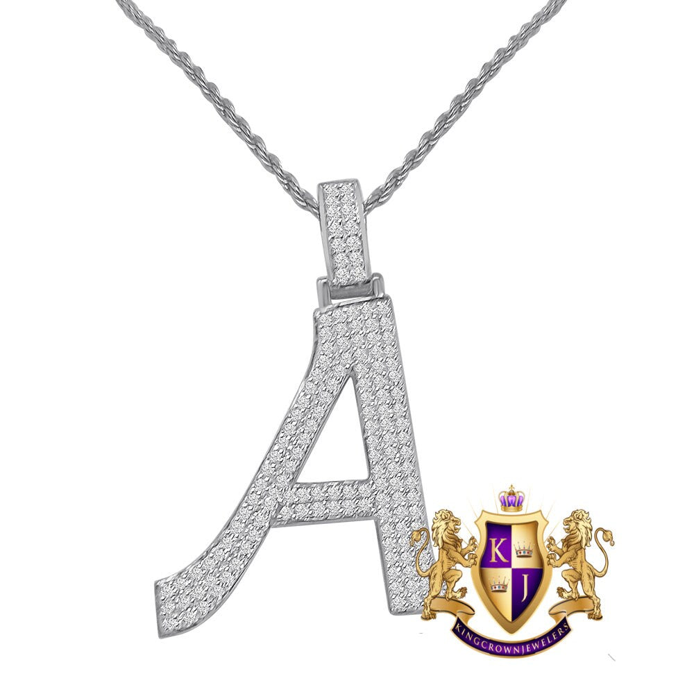 14K White Gold On Real Genuine Sterling Silver Simulated Diamond Initial Letter Alphabet Unisex Pendent Charm 2'