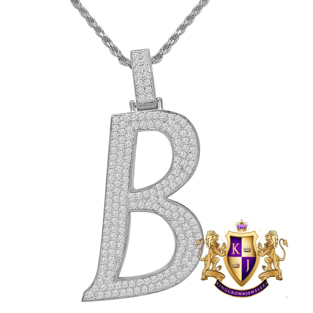 14K White Gold On Real Genuine Sterling Silver Simulated Diamond Initial Letter Alphabet Unisex Pendent Charm 2'