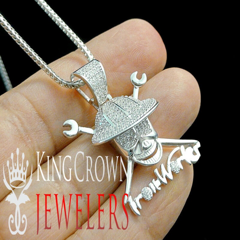 Iron Men Charm Real White Gold Over Genuine Sterling Silver Simulated Diamond Skull Hat Pendant Chain Set