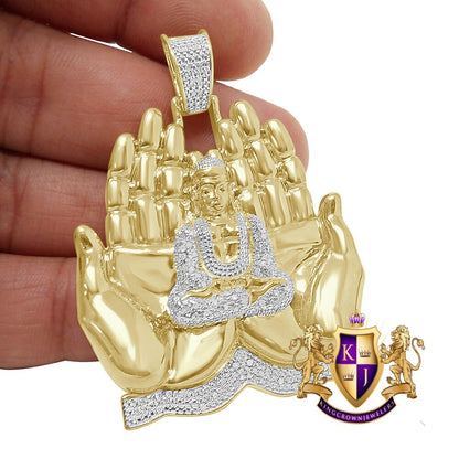 Men's Real Genuine Diamond 23 + Grams Gautama Buddha Praying Hands Exlusive Custom Pendant 10K Gold Over Meditation Charm 2.25''