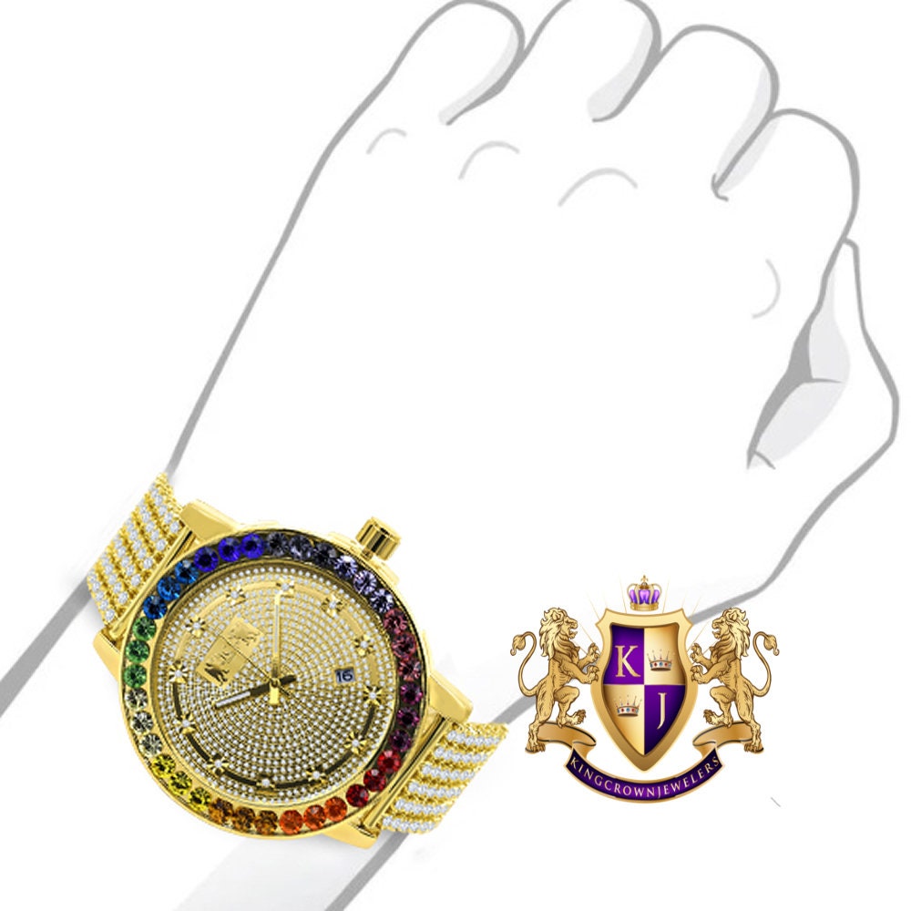 Exclusive Custom Time Piece Multi Rainbow Gold Tone Real Diamond Dial Solitaire Men's Watch XL 55mm W/Date