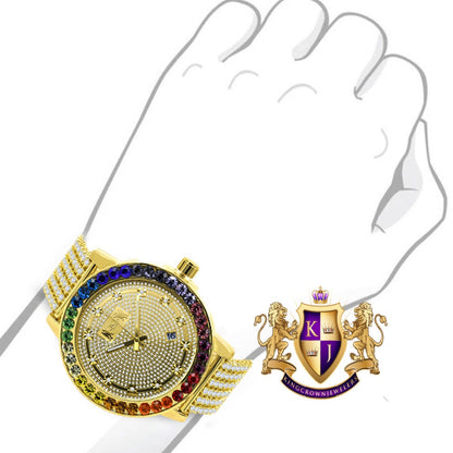 Exclusive Custom Time Piece Multi Rainbow Gold Tone Real Diamond Dial Solitaire Men's Watch XL 55mm W/Date