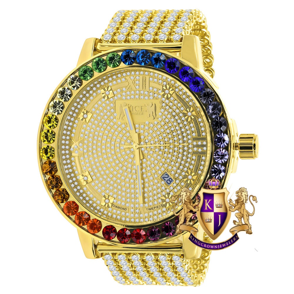 Roman Face Exclusive Custom Time Piece Multi Rainbow Gold Tone Real Diamond Dial Solitaire Men's Watch XL 55mm W/Date