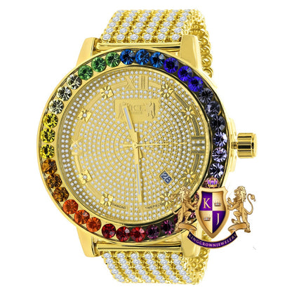 Roman Face Exclusive Custom Time Piece Multi Rainbow Gold Tone Real Diamond Dial Solitaire Men's Watch XL 55mm W/Date