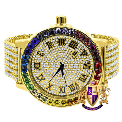Roman Numeral Face Exclusive Custom Time Piece Multi Rainbow Gold Tone Simulated Diamond Dial Solitaire Men's Watch XL 55mm W/Date