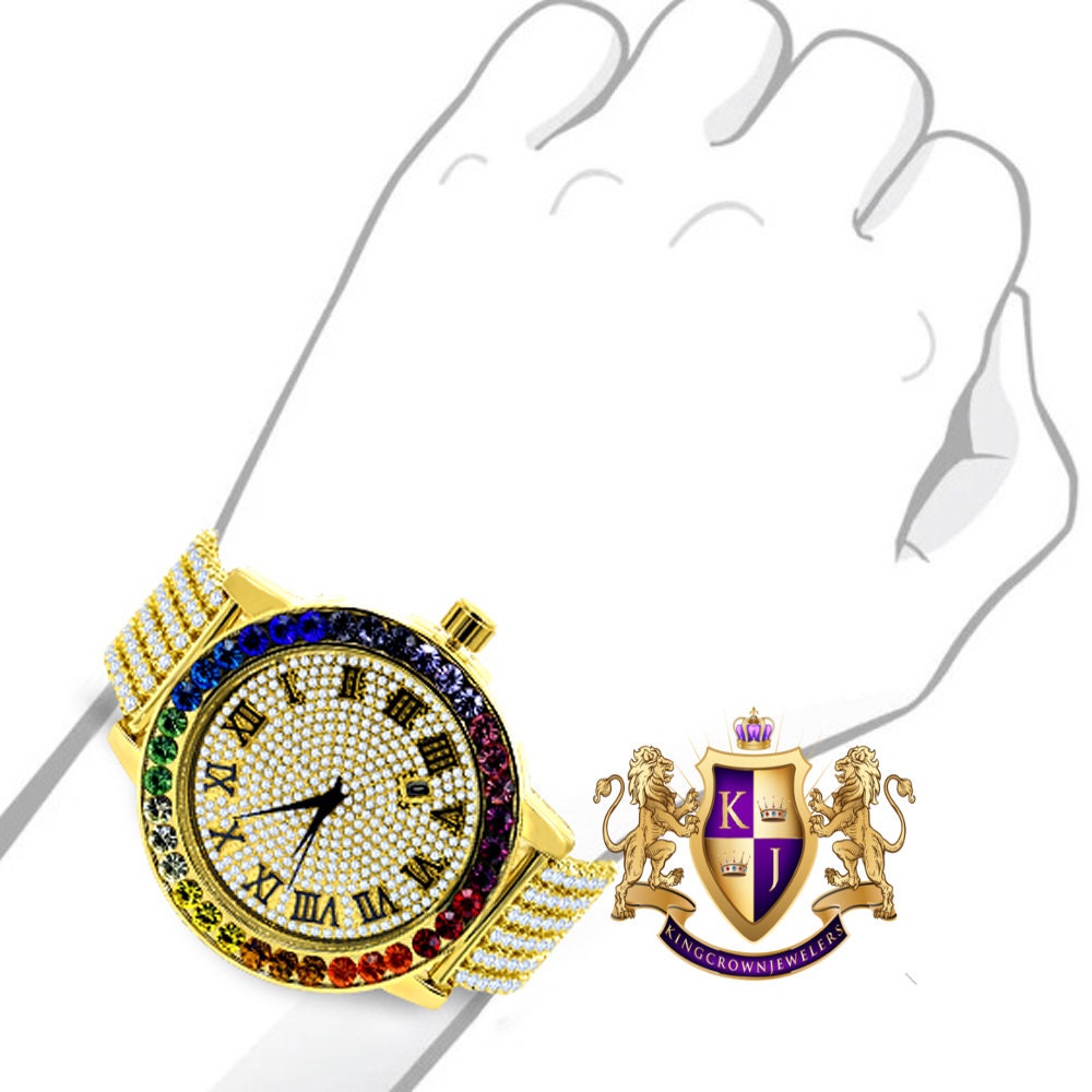 Roman Numeral Face Exclusive Custom Time Piece Multi Rainbow Gold Tone Simulated Diamond Dial Solitaire Men's Watch XL 55mm W/Date