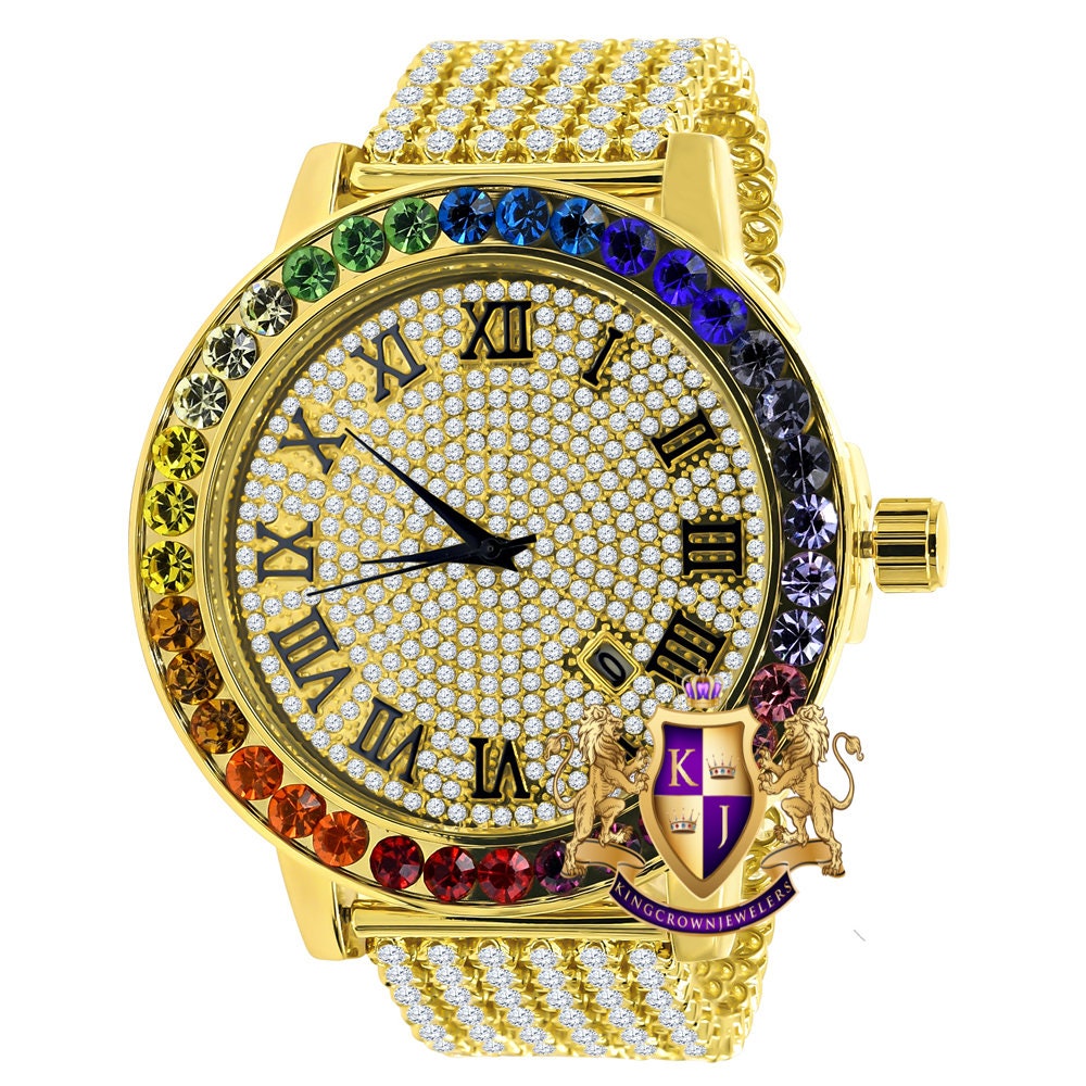 Roman Numeral Face Exclusive Custom Time Piece Multi Rainbow Gold Tone Simulated Diamond Dial Solitaire Men's Watch XL 55mm W/Date