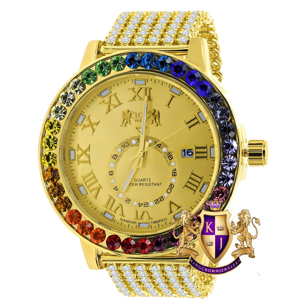 Men's Exclusive Custom Time Piece Multi Rainbow Gold Tone Real Diamond Dial Solitaire Roman Watch XL 55mm W/Date