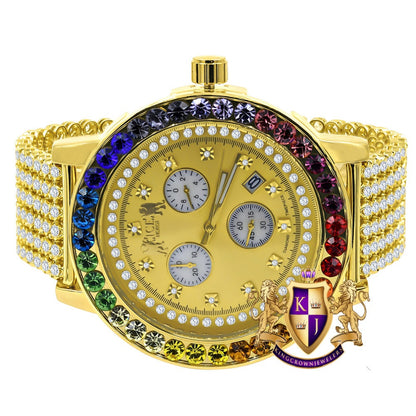 Real Diamond Dial Men's Exclusive Custom Time Piece Multi Rainbow Gold Tone Solitaire Roman Watch XL 55mm W/Date