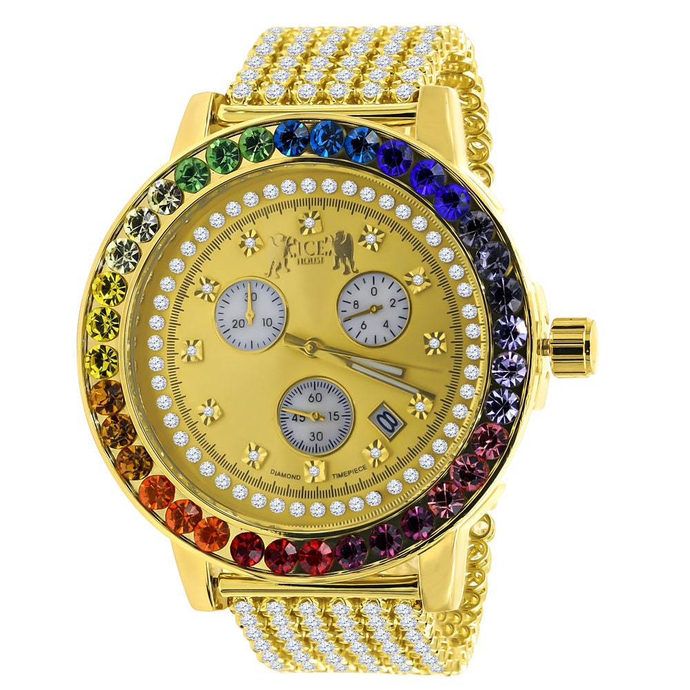 Real Diamond Dial Men's Exclusive Custom Time Piece Multi Rainbow Gold Tone Solitaire Roman Watch XL 55mm W/Date