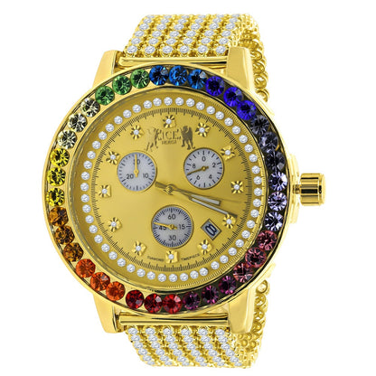 Real Diamond Dial Men's Exclusive Custom Time Piece Multi Rainbow Gold Tone Solitaire Roman Watch XL 55mm W/Date