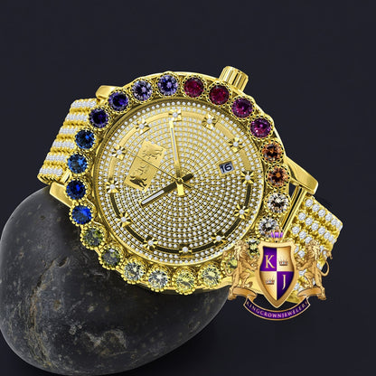 Prong Set Custom Time Piece Multi Rainbow Gold Tone Real Diamond Dial Men's Watch XL 55mm W/Date