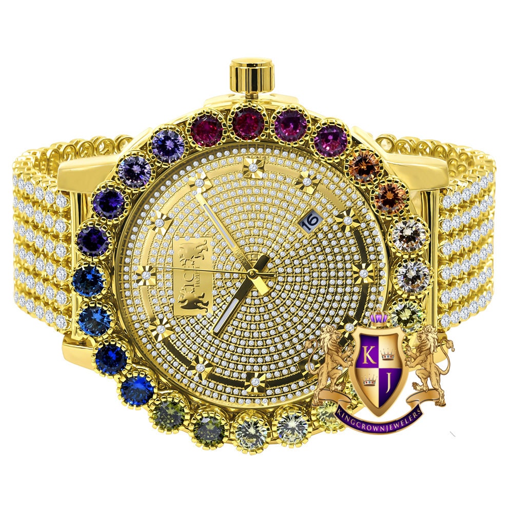 Prong Set Custom Time Piece Multi Rainbow Gold Tone Real Diamond Dial Men's Watch XL 55mm W/Date