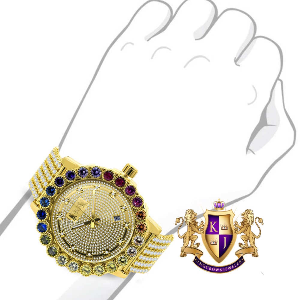 Prong Set Custom Time Piece Multi Rainbow Gold Tone Real Diamond Dial Men's Watch XL 55mm W/Date