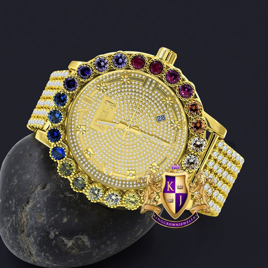 Roman Face Prong Set Custom Time Piece Multi Rainbow Gold Tone Real Diamond Dial Men's Watch XL 55mm W/Date