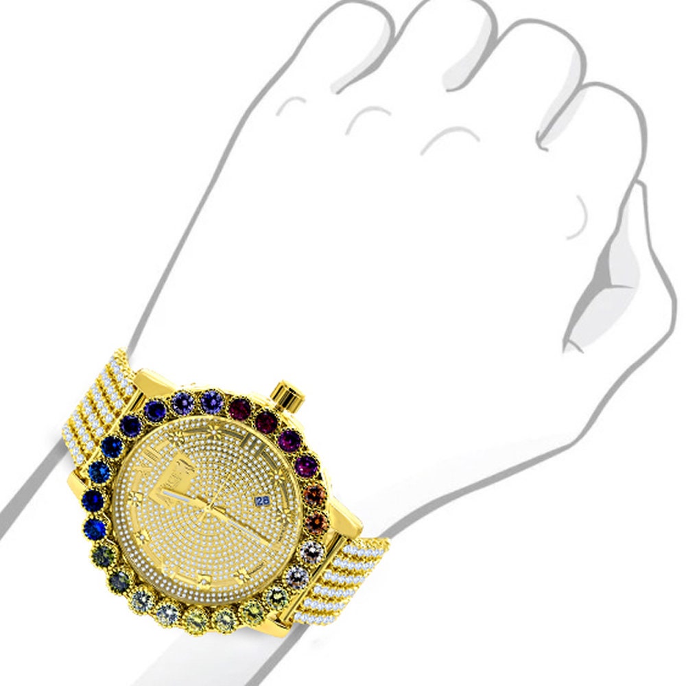 Roman Face Prong Set Custom Time Piece Multi Rainbow Gold Tone Real Diamond Dial Men's Watch XL 55mm W/Date