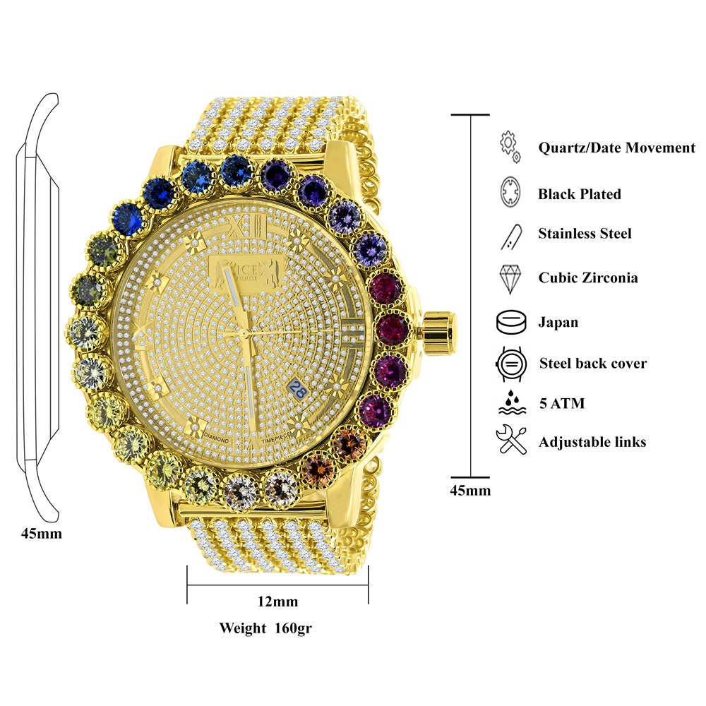 Roman Face Prong Set Custom Time Piece Multi Rainbow Gold Tone Real Diamond Dial Men's Watch XL 55mm W/Date