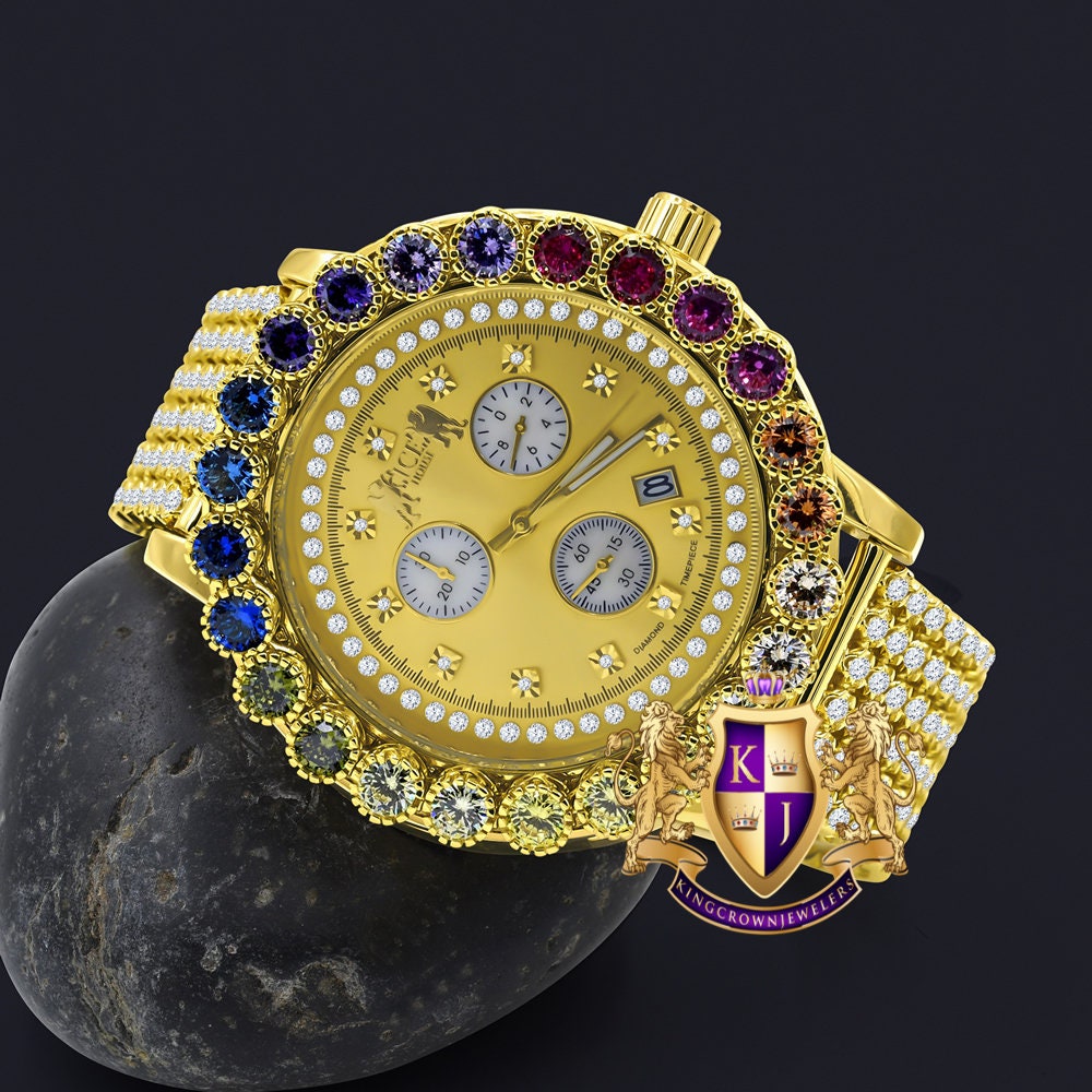 Multi Rainbow Gold Tone Prong Set Custom Time Piece Real Diamond Dial Men's Watch XL 55mm W/Date