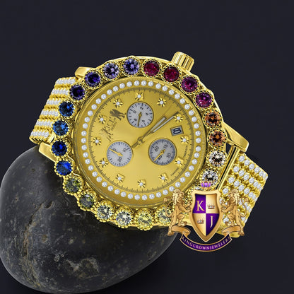 Multi Rainbow Gold Tone Prong Set Custom Time Piece Real Diamond Dial Men's Watch XL 55mm W/Date