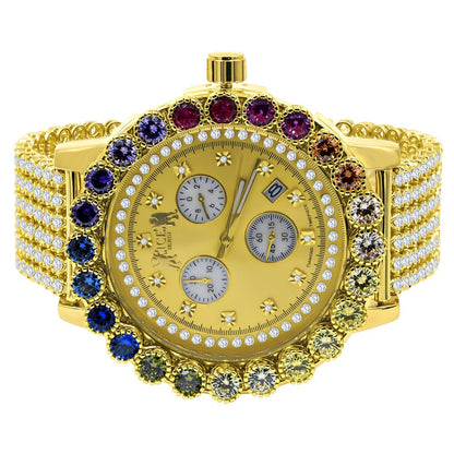 Multi Rainbow Gold Tone Prong Set Custom Time Piece Real Diamond Dial Men's Watch XL 55mm W/Date