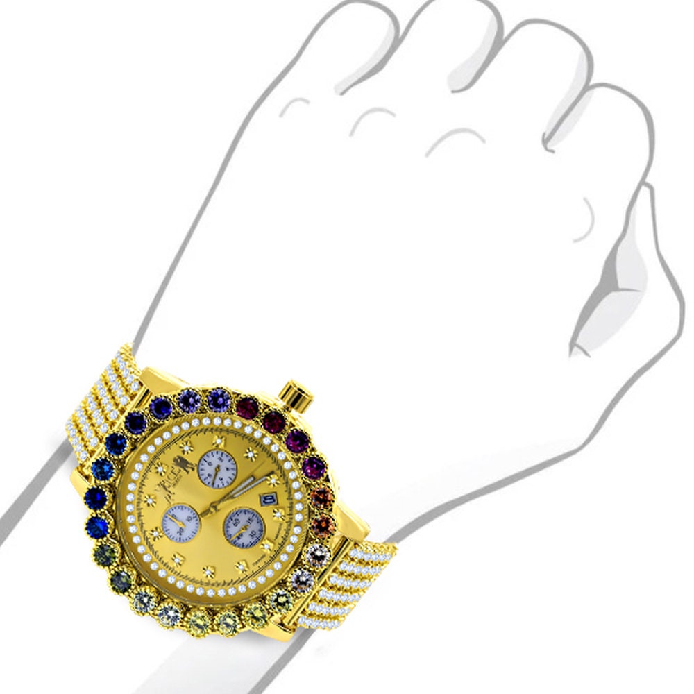 Multi Rainbow Gold Tone Prong Set Custom Time Piece Real Diamond Dial Men's Watch XL 55mm W/Date