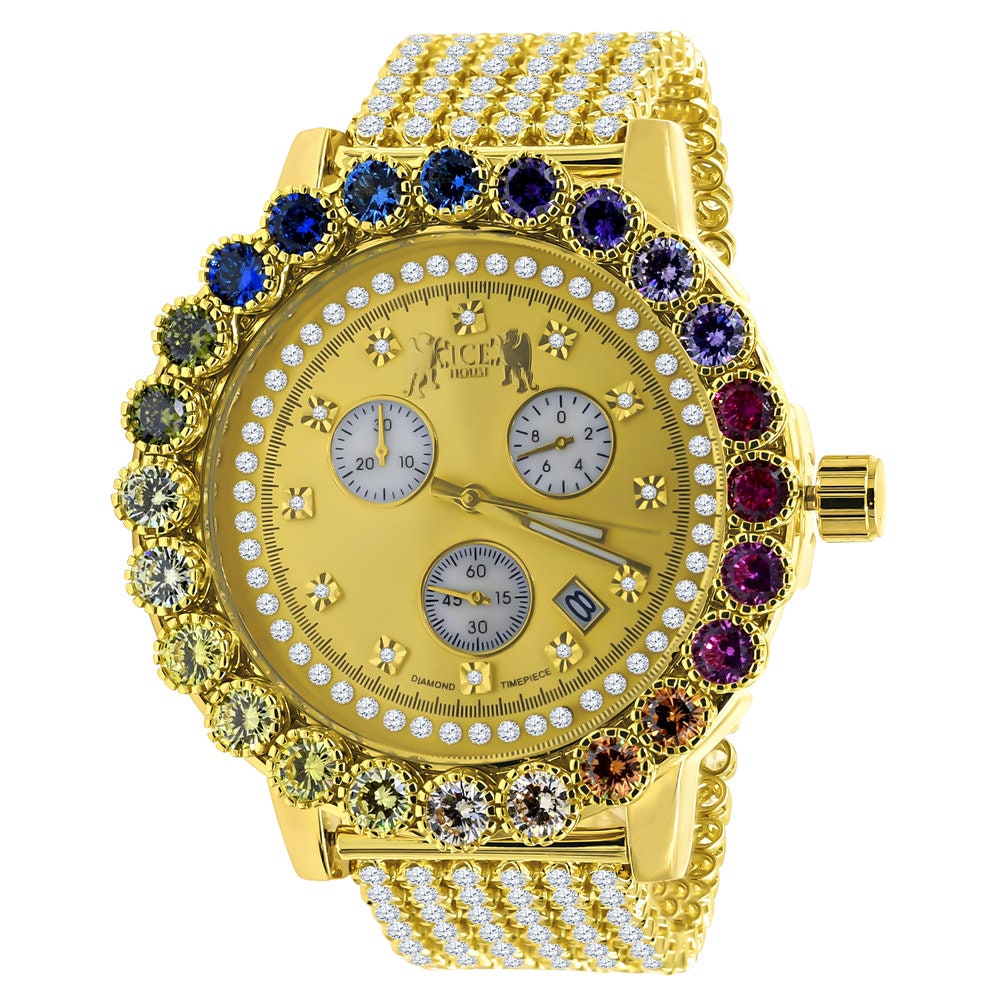 Multi Rainbow Gold Tone Prong Set Custom Time Piece Real Diamond Dial Men's Watch XL 55mm W/Date