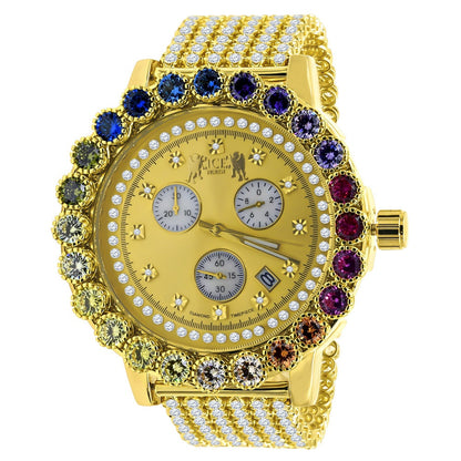 Multi Rainbow Gold Tone Prong Set Custom Time Piece Real Diamond Dial Men's Watch XL 55mm W/Date