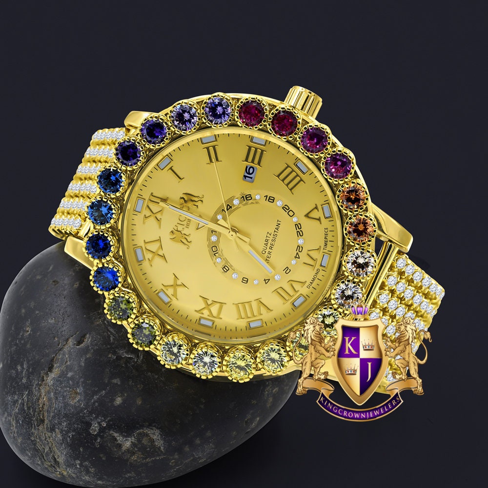Men's Watch XL 55mm W/Date Multi Rainbow Gold Tone Prong Set Custom Time Piece Real Diamond Dial