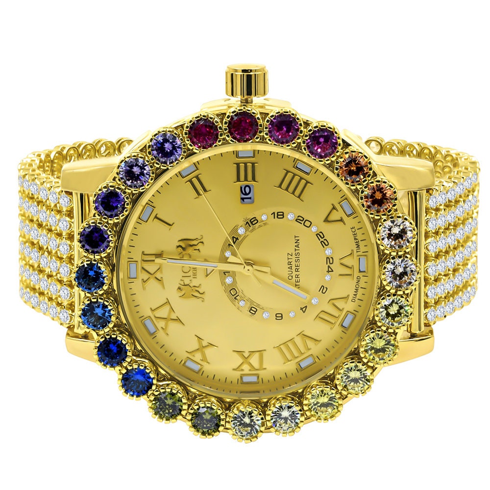Men's Watch XL 55mm W/Date Multi Rainbow Gold Tone Prong Set Custom Time Piece Real Diamond Dial