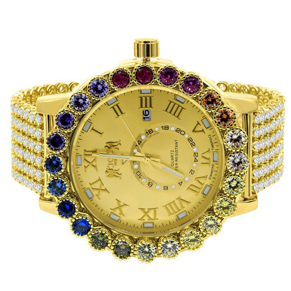 Men's Watch XL 55mm W/Date Multi Rainbow Gold Tone Prong Set Custom Time Piece Real Diamond Dial