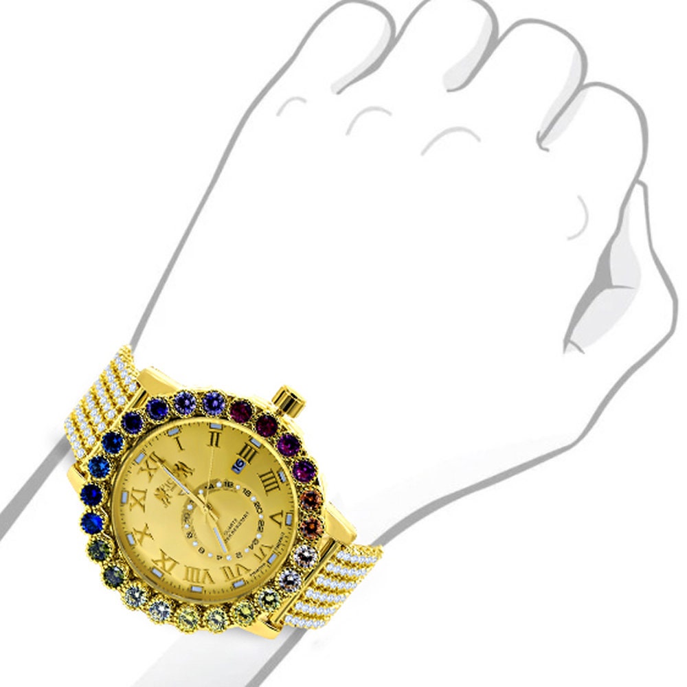 Men's Watch XL 55mm W/Date Multi Rainbow Gold Tone Prong Set Custom Time Piece Real Diamond Dial