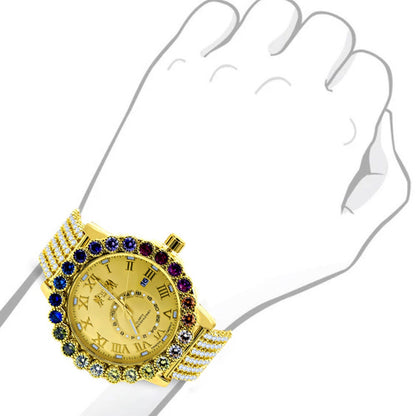 Men's Watch XL 55mm W/Date Multi Rainbow Gold Tone Prong Set Custom Time Piece Real Diamond Dial